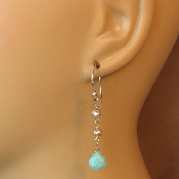 Sleeping Beauty Turquoise and Silver long Drop Earrings in 925 Sterling Silver - Picture 4 of 4